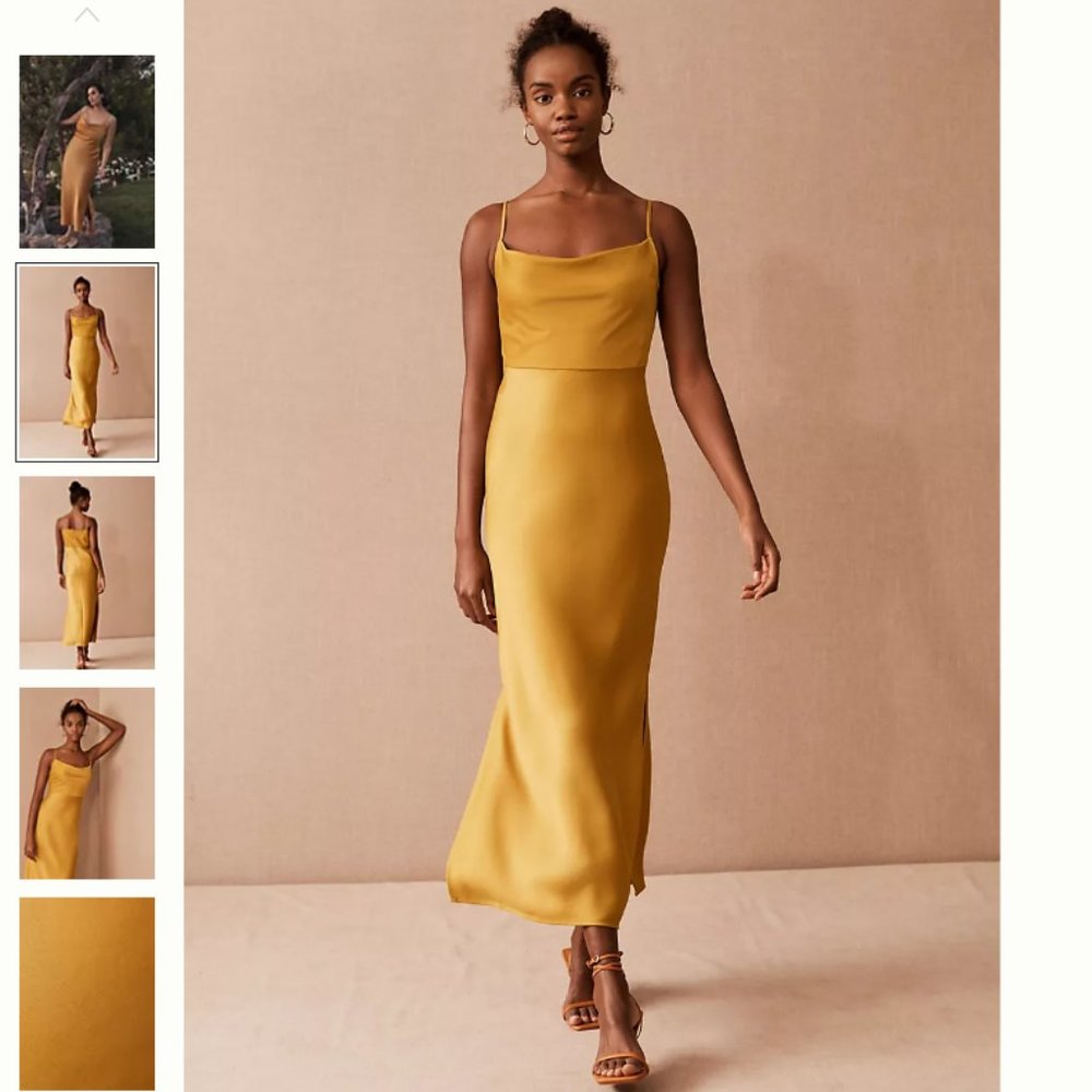 BHLDN Cali Satin Midi Dress in Mustard